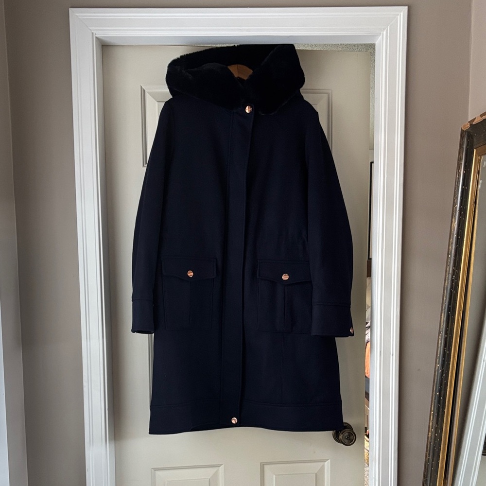 Ted Baker Midnight Blue Wool/Cashmere coat with Plush faux Fur Collar